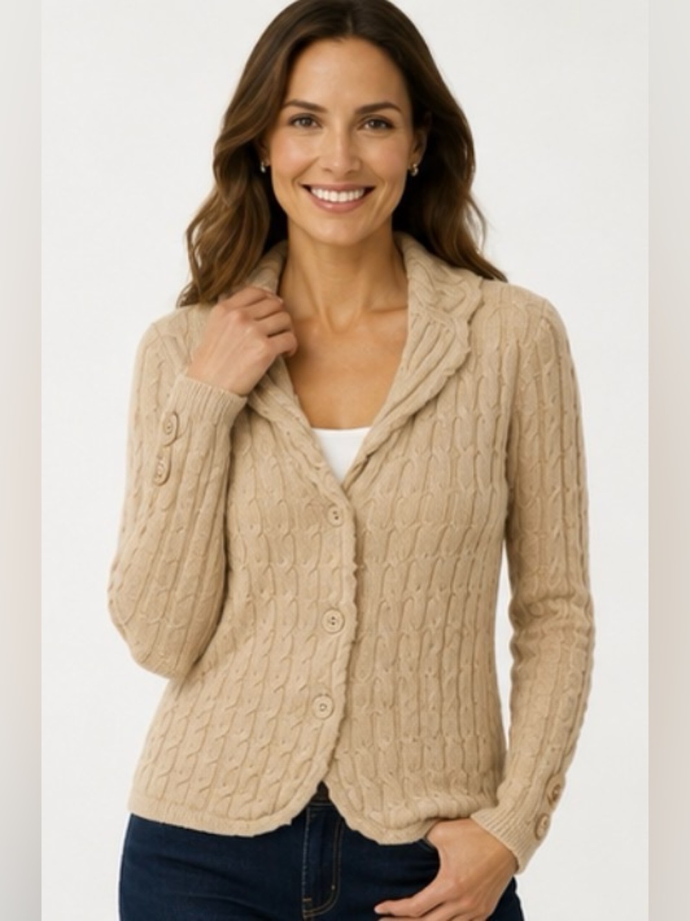 Talbots Pure Merino Wool Cable Knit Cardigan Blazer Tan L